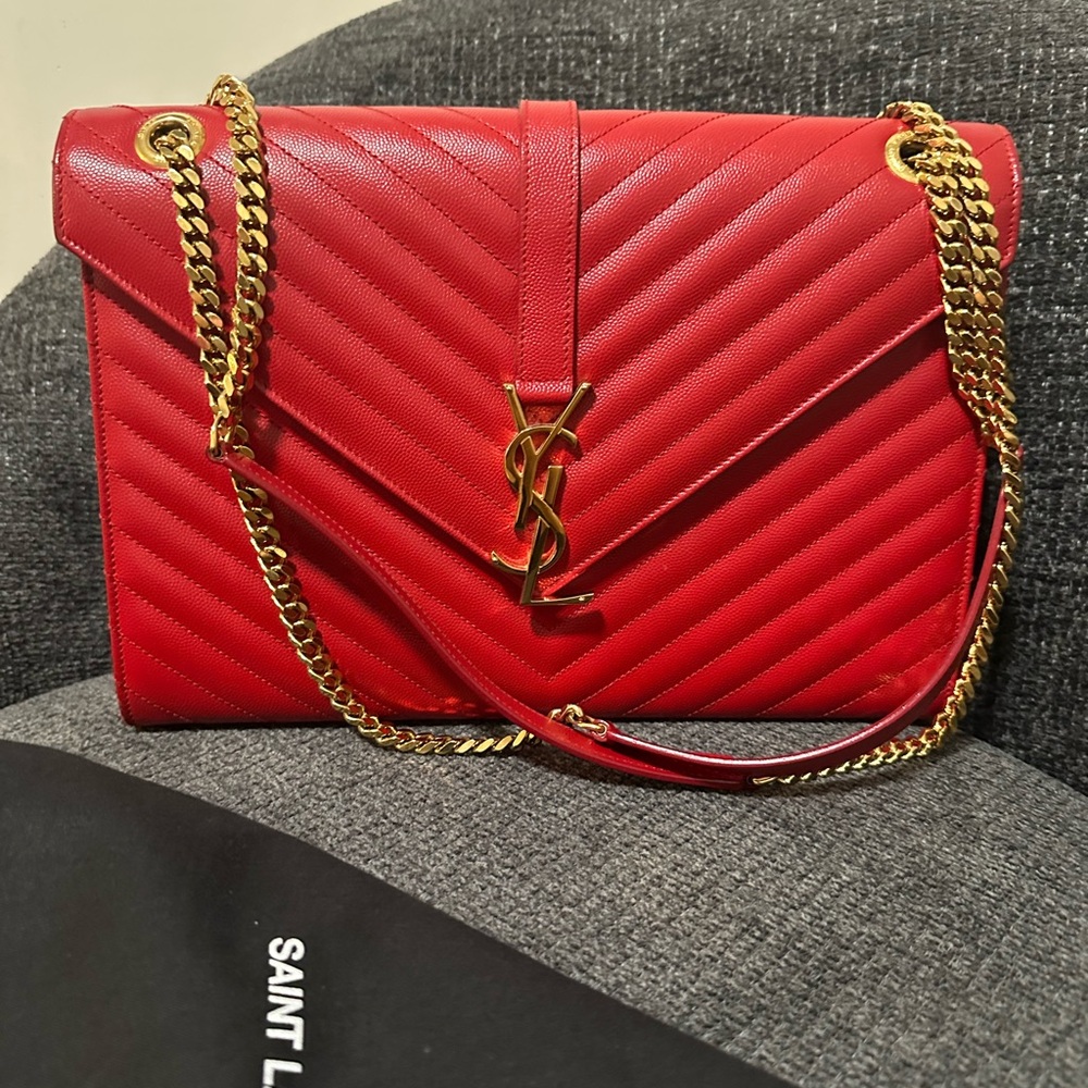 Saint Laurent Red Gold Chevron Quilted Shoulder Bag